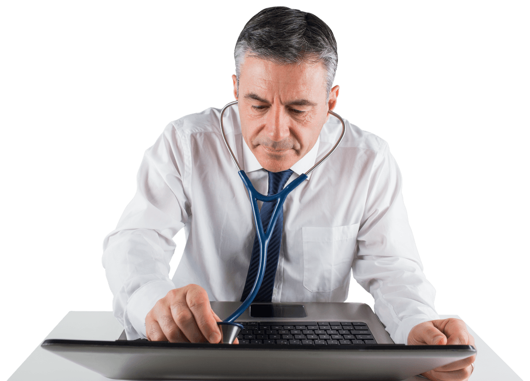 Transparent Inspecting Businessman Diagnosing Laptop Performance