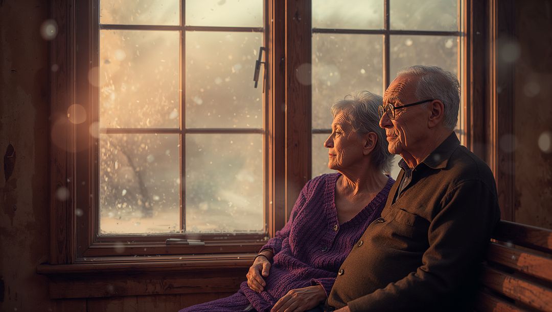 Elderly Couple Embracing Winter Serenity in Rustic Cabin