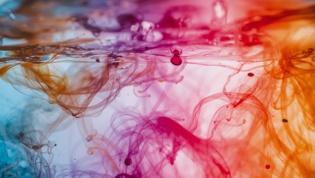Swirling Ink Diffusing in Water with Magenta, Orange and Cyan Filaments and Droplets
