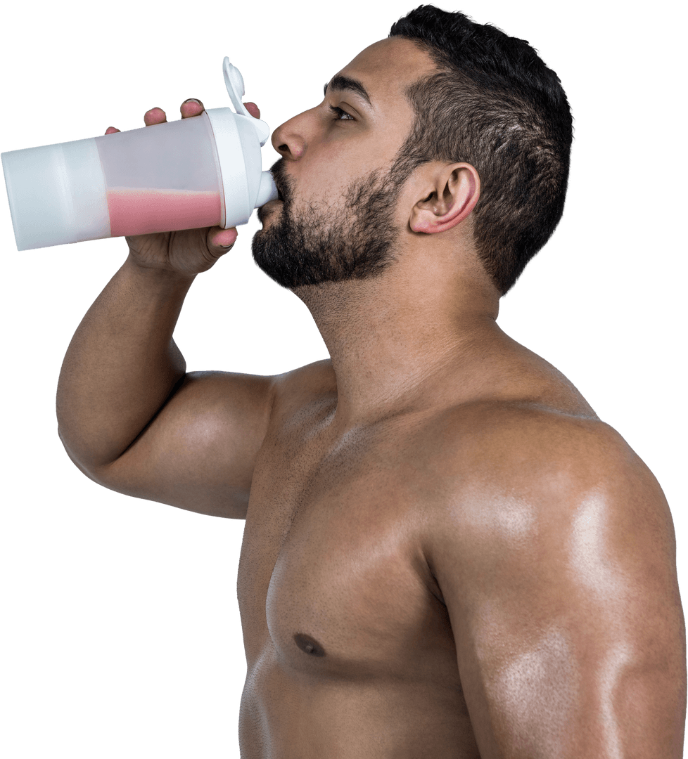 Strong Muscular Man Drinking Protein Shake Transparent Background