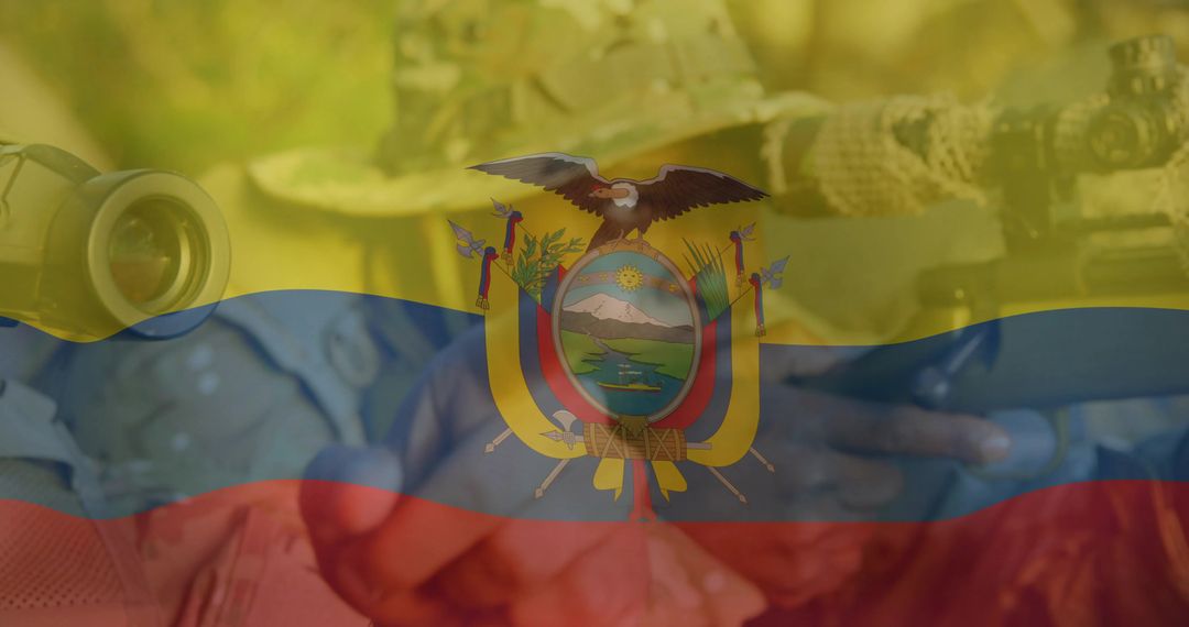 Ecuador flag overlay featuring soldiers aiming tactical rifles in jungle camouflage
