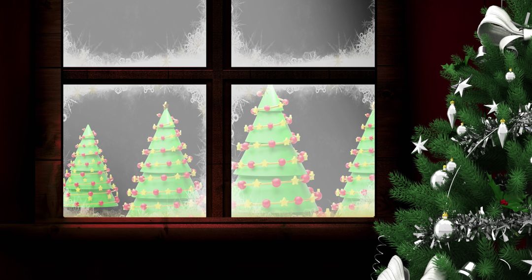 Festive Christmas Setting with Decorated Tree by Frosty Window