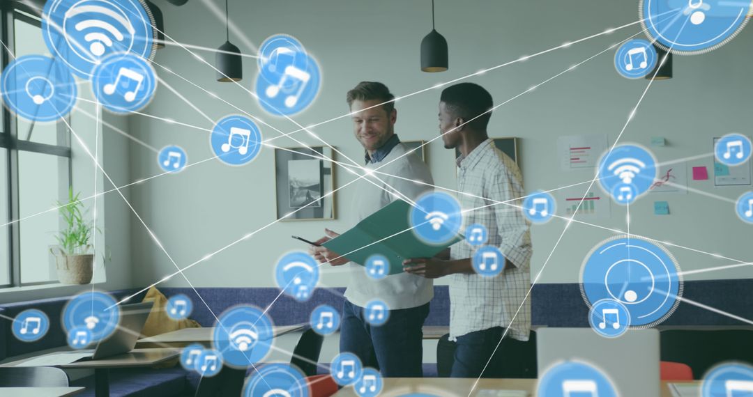 Coworkers Discussing Business Plans in Digitally Connected Office