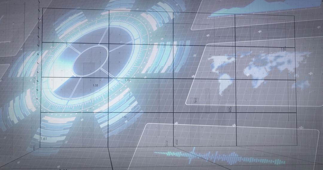 Futuristic Digital Console with Holographic Charts and World Map