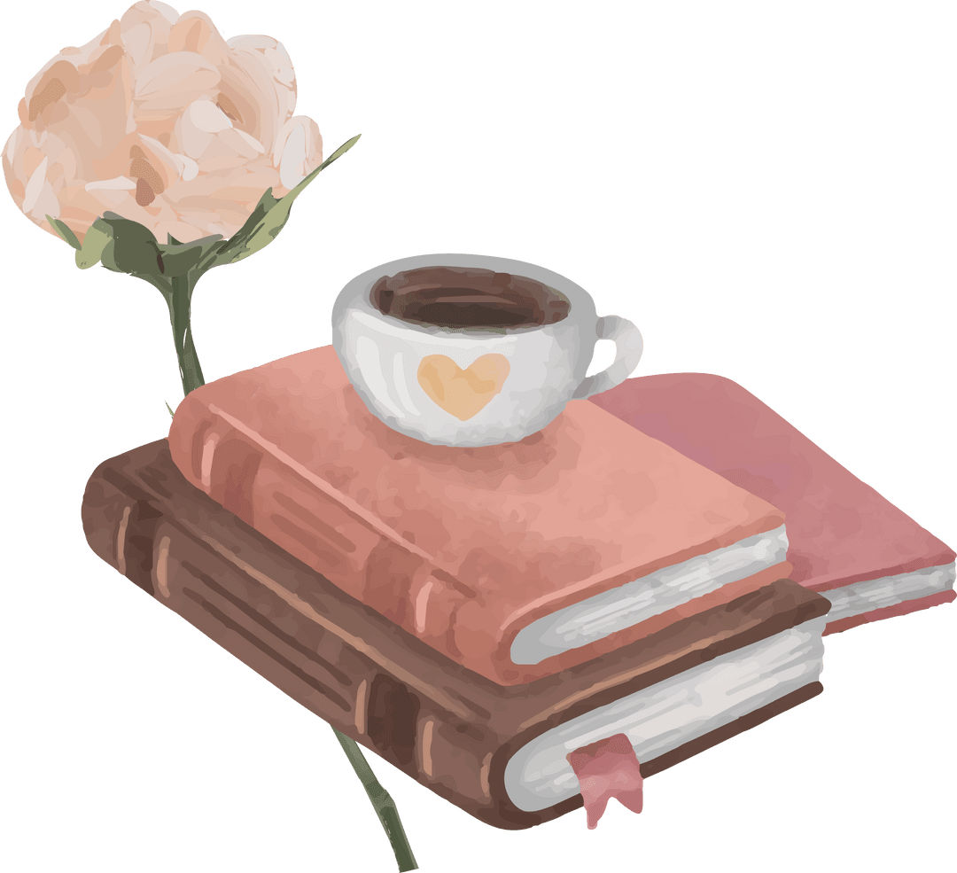 Transparent Watercolor Book Stack with Coffee Cup and Rose