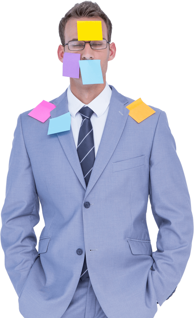 Businessman in Suit with Stylish Eyeglasses Covered in Colorful Sticky Notes Transparent