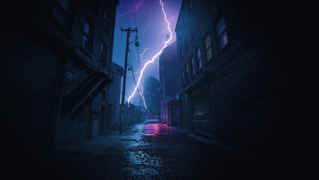 Dynamic Lightning Illuminating Urban Alley at Night