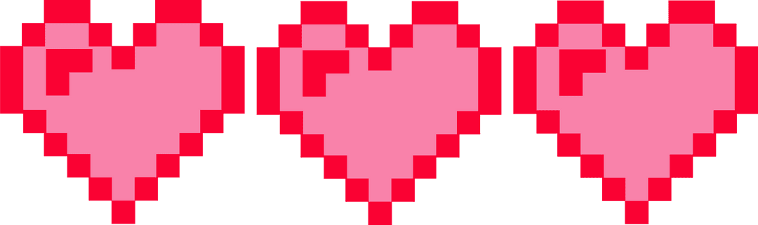 Three Pixel Art Hearts on Transparent Background for Retro Design