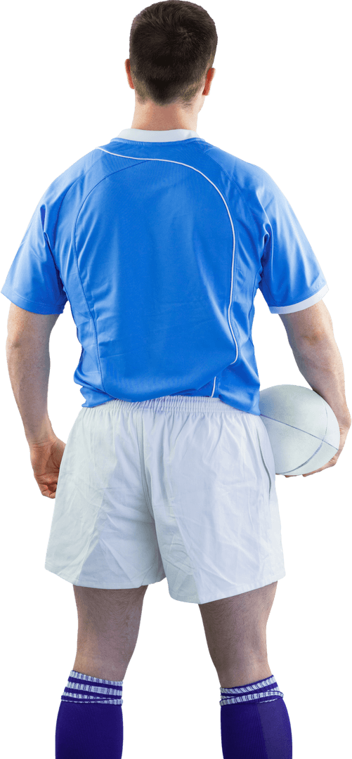 Transparent Back View of Rugby Player Holding Ball in Blue Jersey