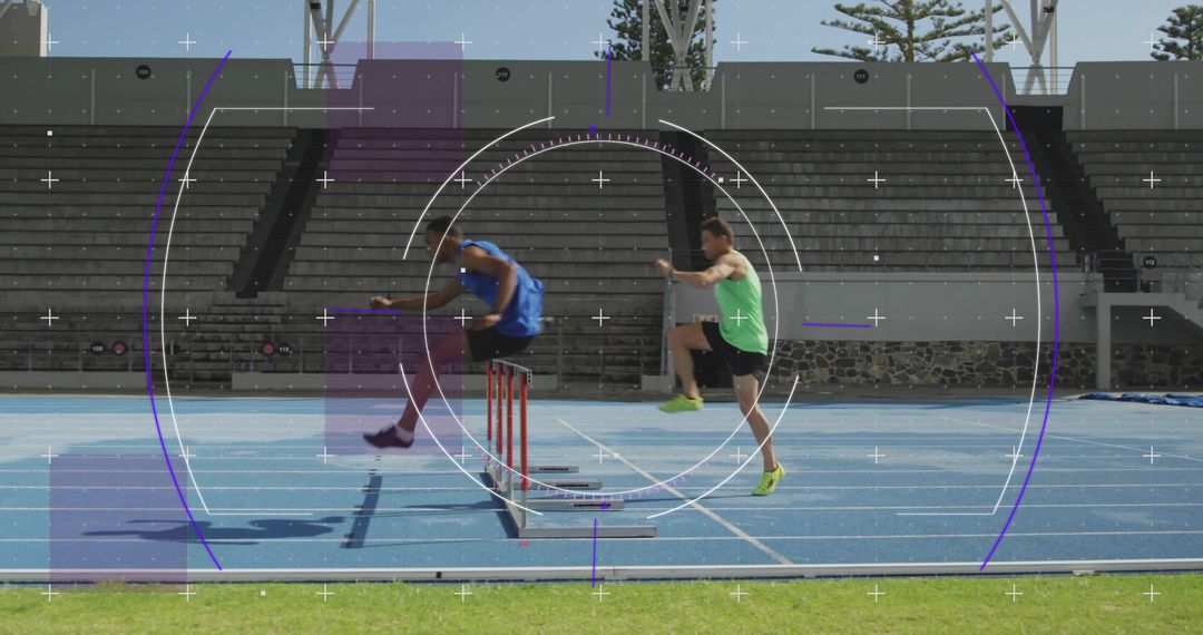 Male Track Athletes Hurdling on Bright Blue Track in Dynamic Motion