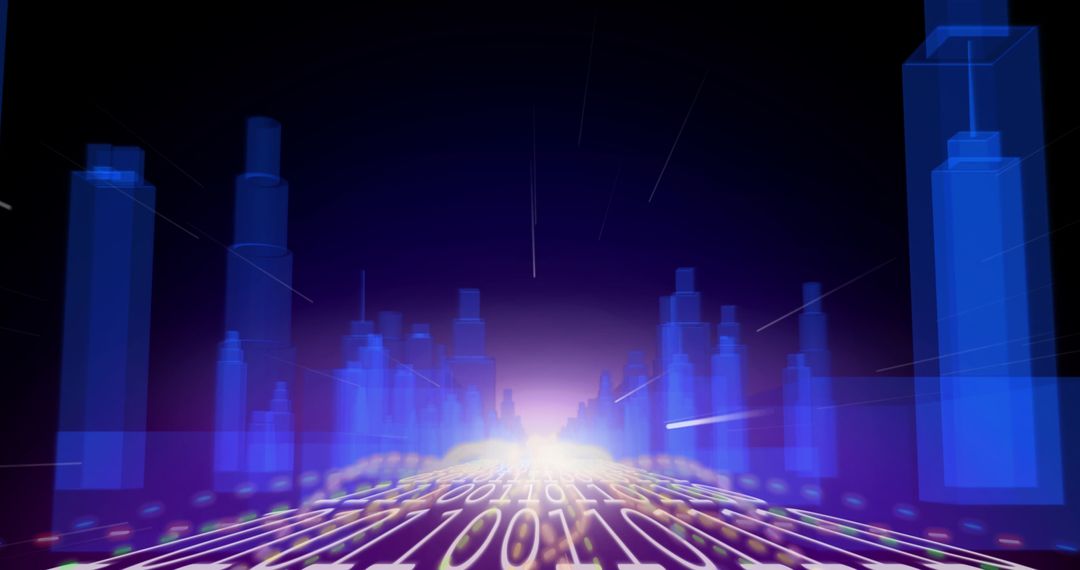 Futuristic Metaverse City with Binary Overlay and Luminous Glow
