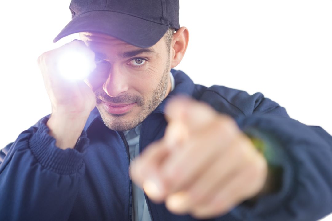 Security Officer Holding Flashlight Pointing Forward - Free Images, Stock Photos and Pictures on Pikwizard.com