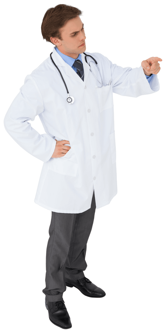 Focused Male Doctor Pointing on Transparent Background