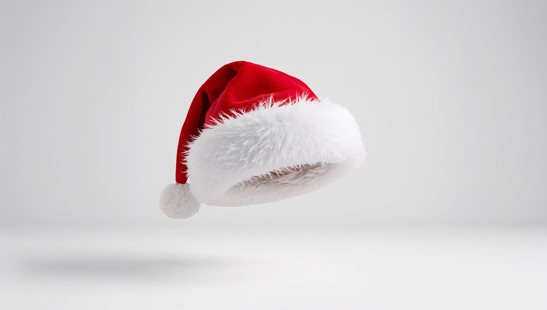 Floating velvet Santa hat with fluffy white trim casting soft shadow on clean white backdrop