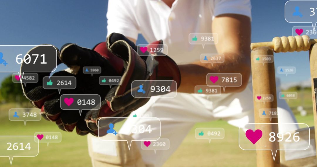 Caucasian Cricket Player with Social Media Data Icons on Field - Free Images, Stock Photos and Pictures on Pikwizard.com