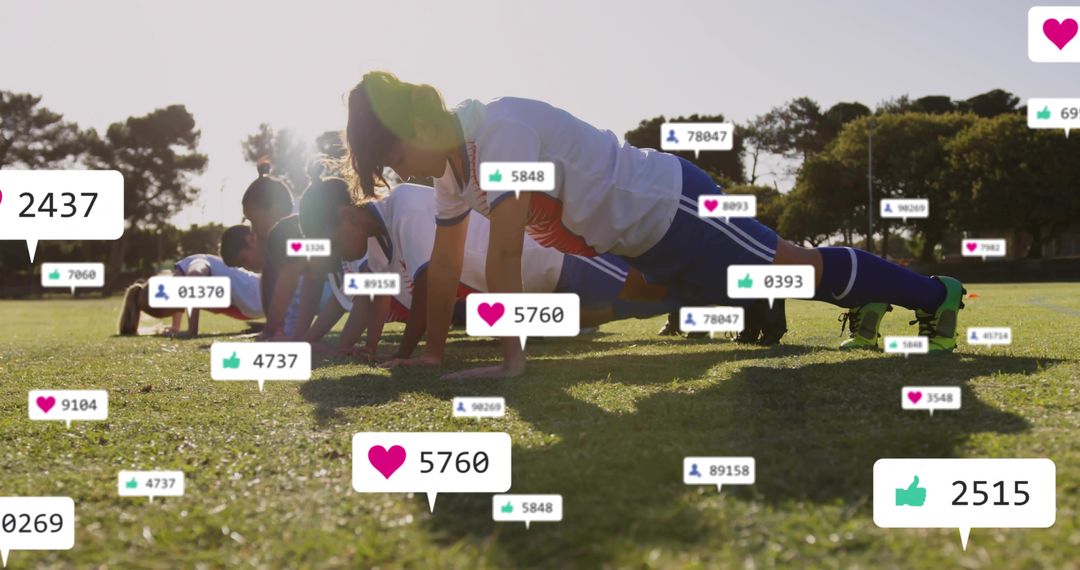 Women Exercising on Grass with Social Media Icons Symbolizing Engagement