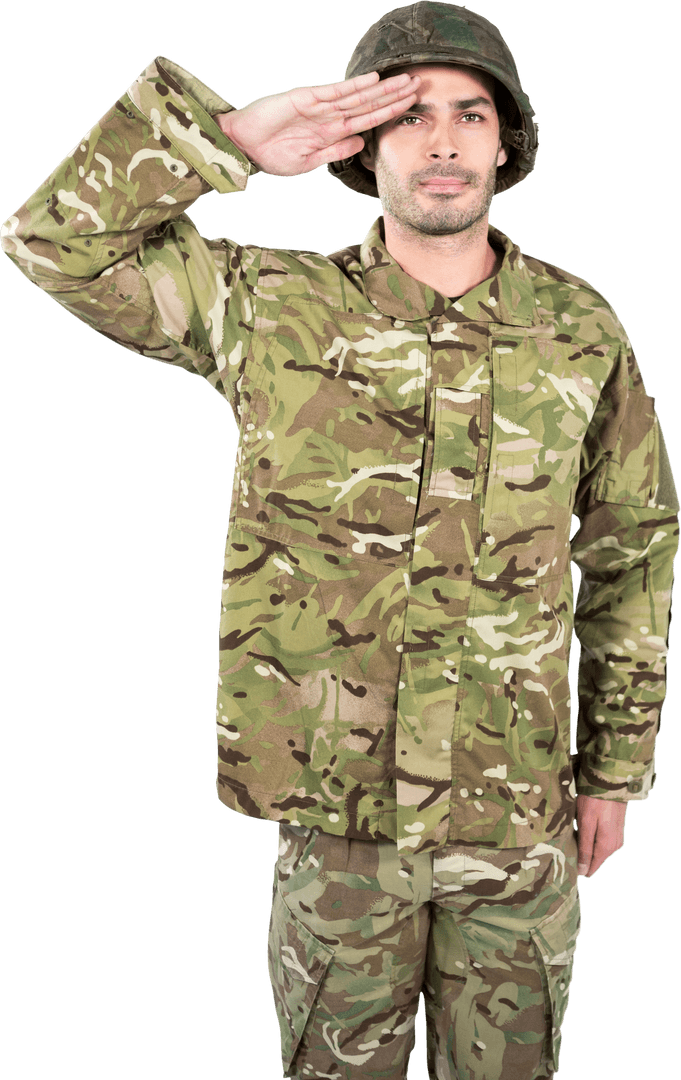 Transparent Military Soldier Saluting in Camouflage Uniform