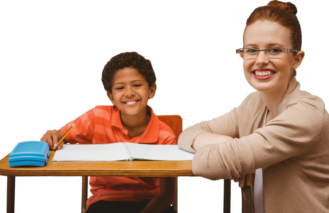 Transparent Background of Happy Teacher and Schoolboy in Classroom