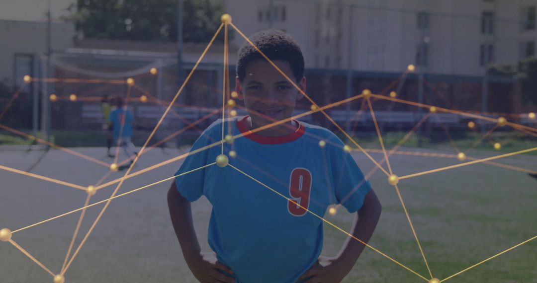 Smiling Youthful Soccer Player on Urban Field with Network Overlay