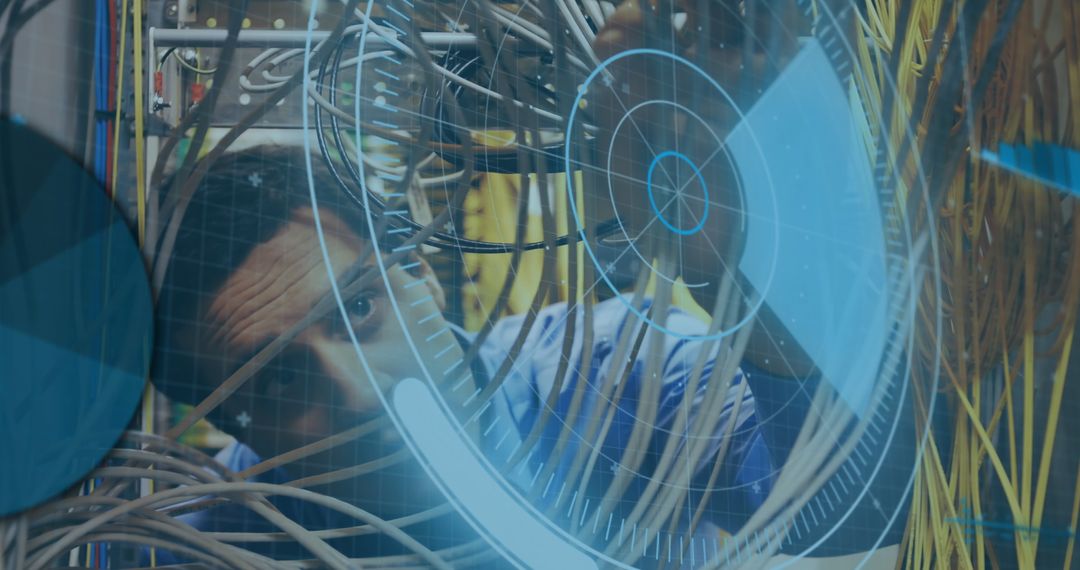 Network Technician Managing Data Cables with Digital Overlay