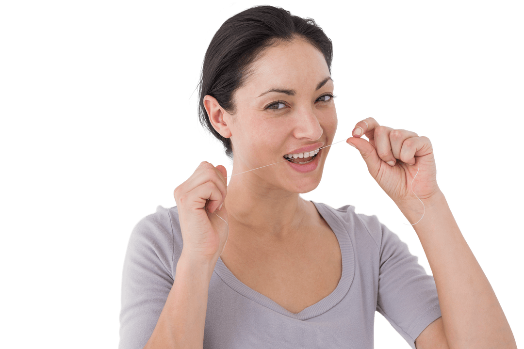 Transparent Background of Woman Using Dental Floss Smiling