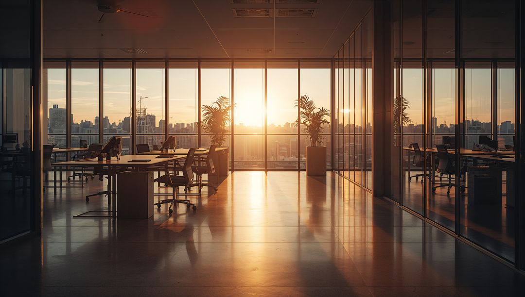 Sunset-lit Open-Plan Office on High Floor with Glass Partitions and City Skyline