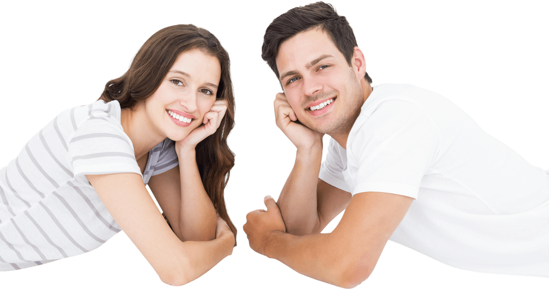 Transparent Happy Couple Lying Smiling in Casual Attire