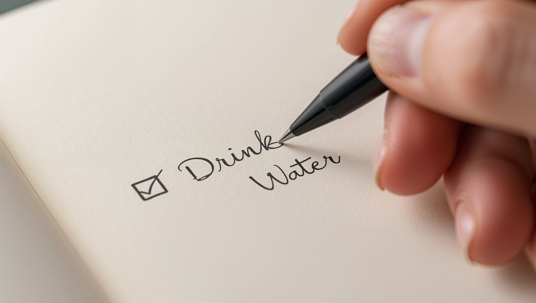 Closeup Hand Writing Drink Water Checklist Reminding Hydration and Daily Habit Tracking