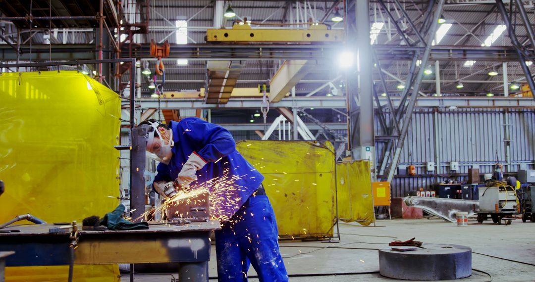 Factory Worker Cutting Metal with Sparks in Industrial Warehouse - Free Images, Stock Photos and Pictures on Pikwizard.com