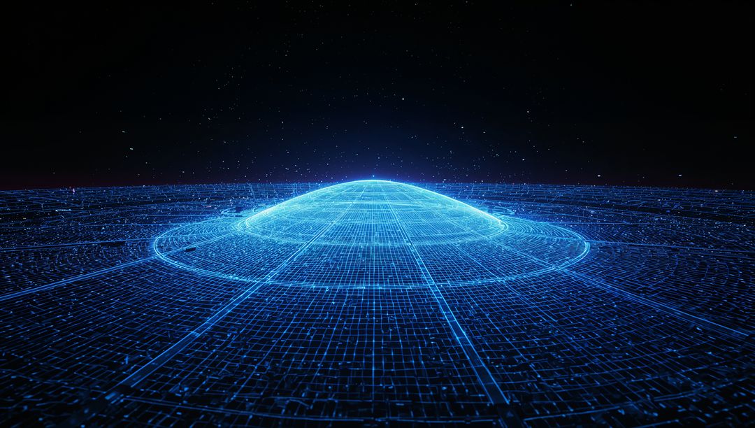 Rising Glowing Holographic Dome Over Neon Wireframe Grid in Futuristic Digital Landscape