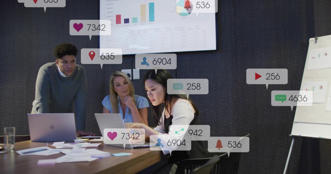 Diverse team collaborating in modern boardroom analyzing social media analytics and charts