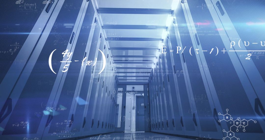 Modern Datacenter Aisle with Superimposed Mathematical Formulas