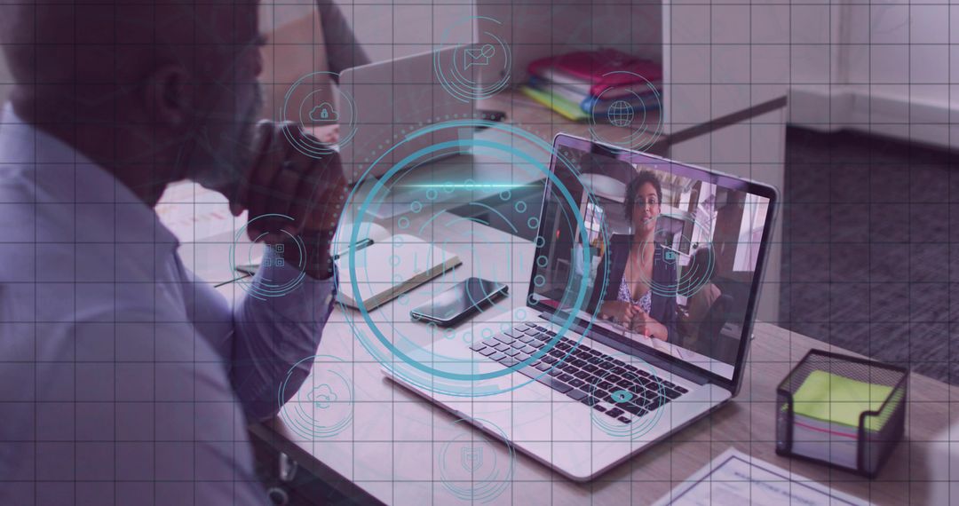 Businessman Engaging in Virtual Meeting with Digital Interface