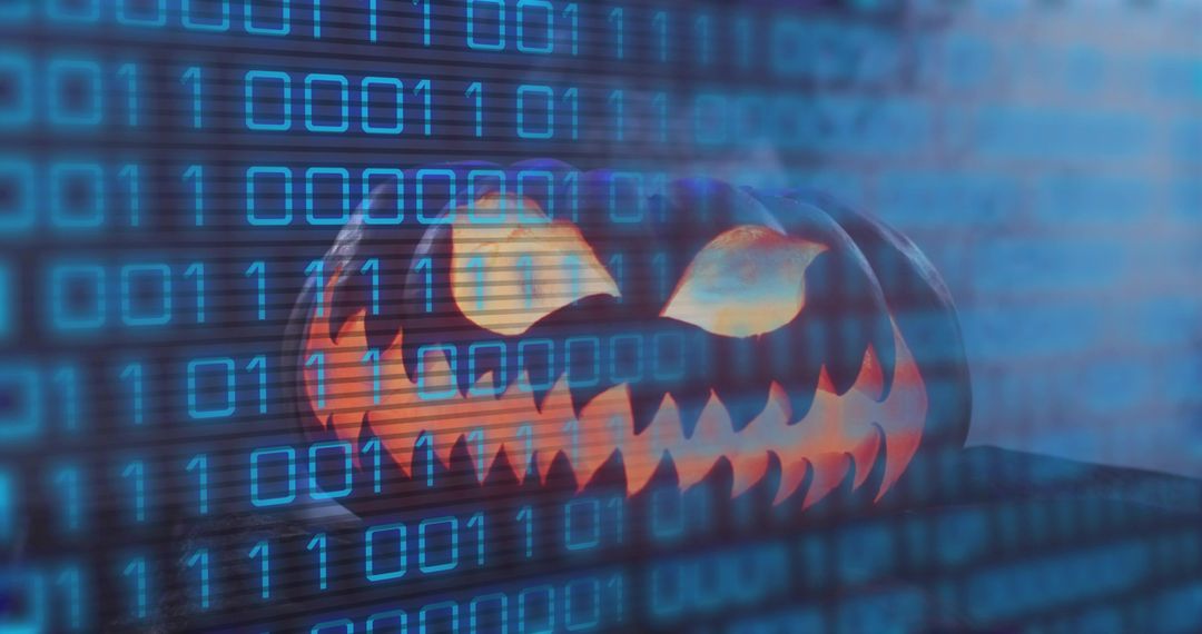 Glowing Jack-o'-Lantern with Binary Code Overlay, Cybersecurity Halloween Concept