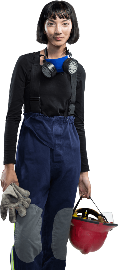 Transparent Female Architect Holding Red Helmet and Work Gloves