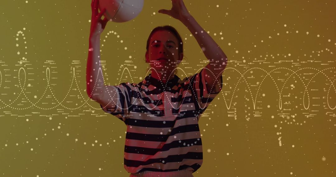 Woman With Raised Ball Amidst Digital Waves in Modern Studio