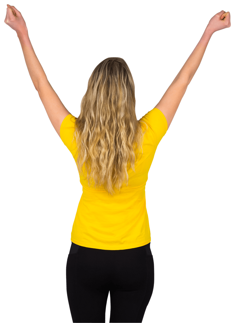 Cheerful Blonde Fan with Hands Raised in Excitement on Transparent Background