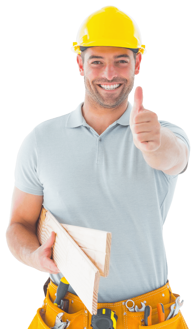 Happy Construction Worker Giving Thumbs Up with Wood