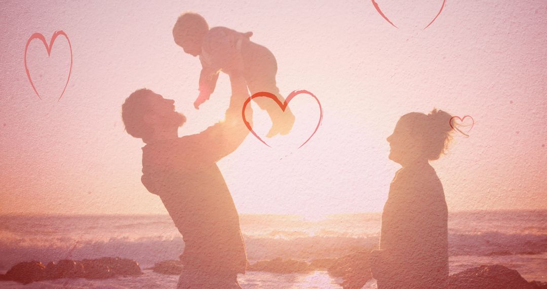 Joyful Family at Beach Sunset with Heart Motifs