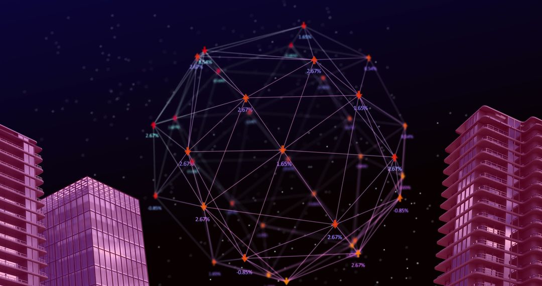 Futuristic Skyscrapers with Digital Network Sphere at Night