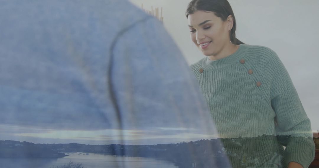 Smiling Woman in Modern Interior with Natural Reflection