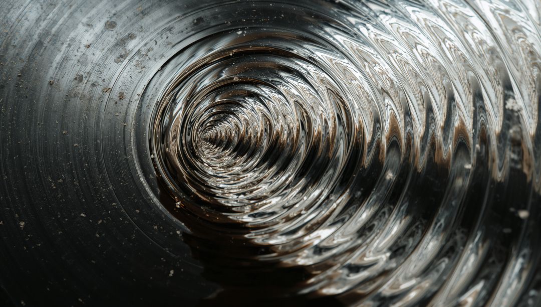 Reflective Ribbed Spiral Tube Receding into Dark Void with Dusty Grooves