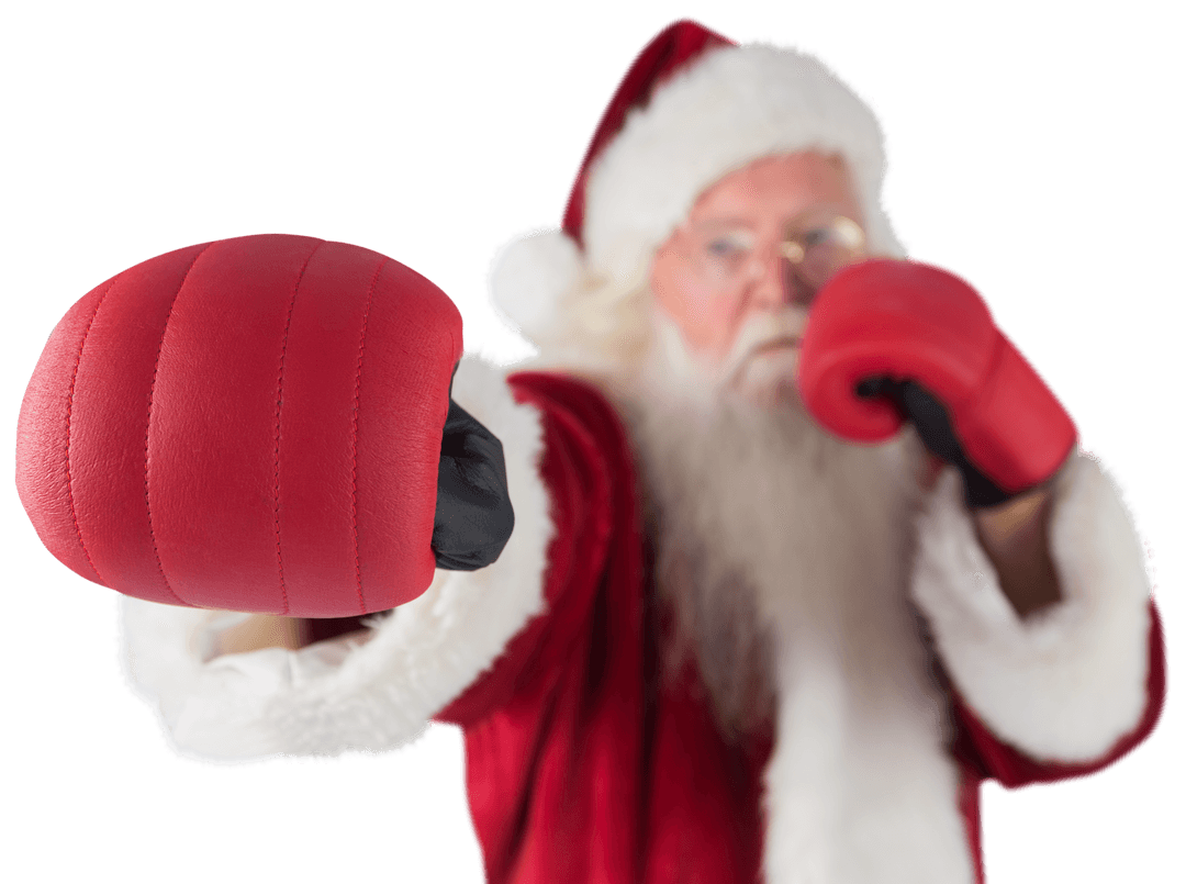 Santa Claus Punching with Boxing Gloves on Transparent Background