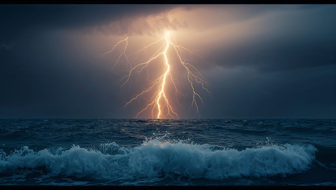 Dramatic Nighttime Ocean Lightning Amidst Churning Waves