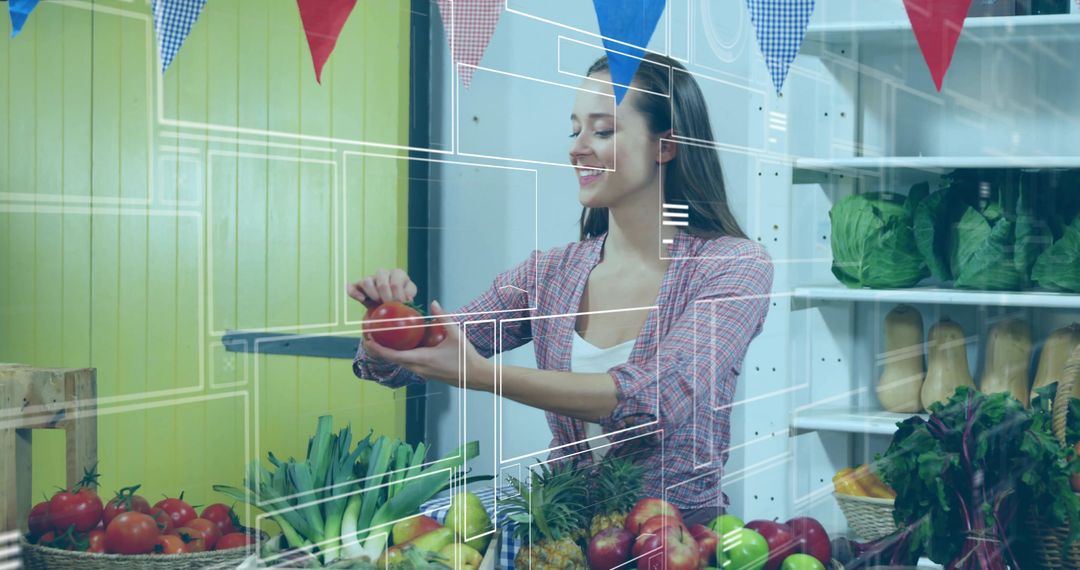 Smiling Vendor Arranging Tomatoes at Rustic Market Stall