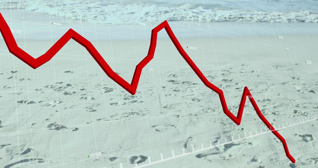 Descending Red Line on Beach Background Illustrates Financial Decline