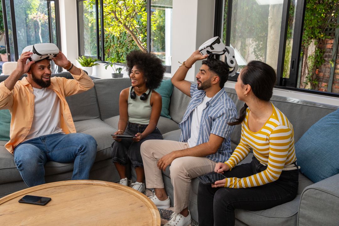 Diverse Group Enjoying Virtual Reality at Home