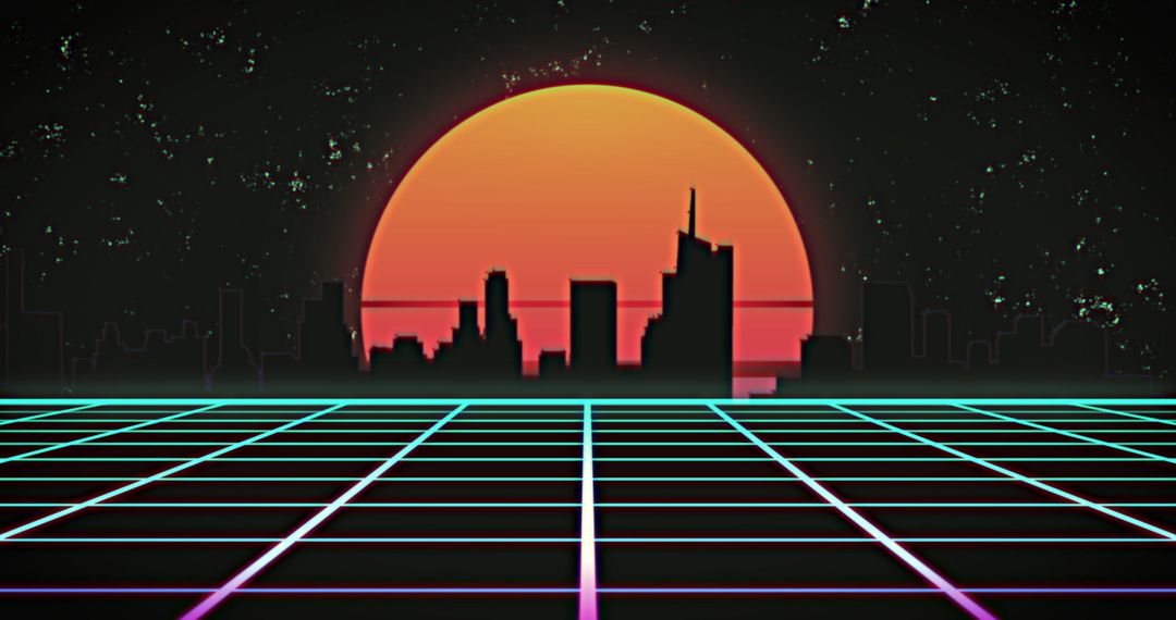 Retro Futuristic Cityscape with Neon Grid and Sun