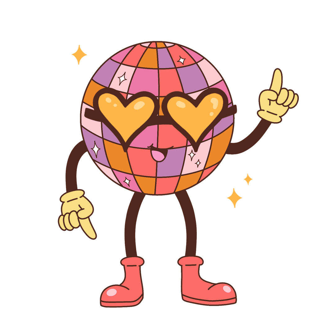 Playful Disco Ball Character on Transparent Background with Heart Shades