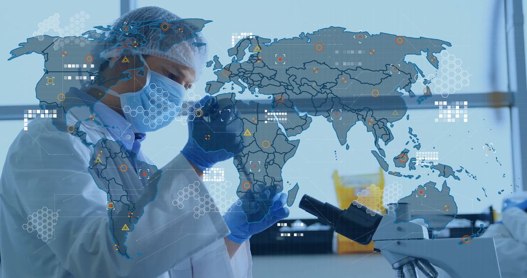 Scientist Analyzing in Lab with Digital World Map Overlay